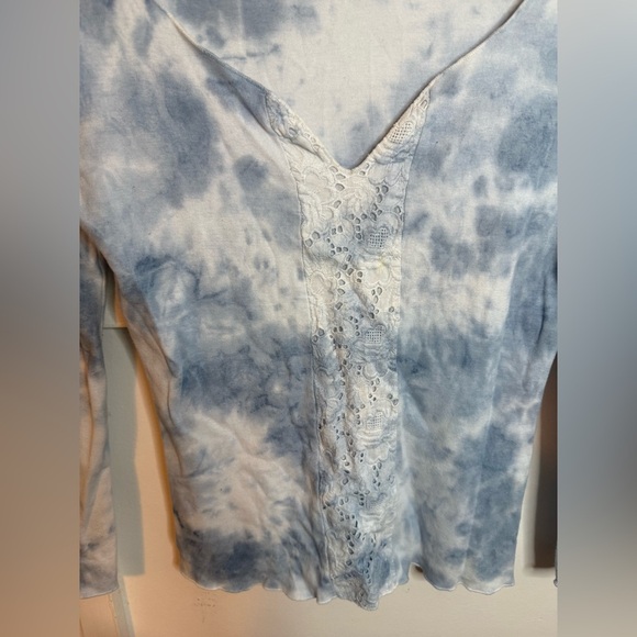 Language Los Angeles Blue Tie Dye Y2K Embroidered Lettuce Hem Top - Picture 4 of 5